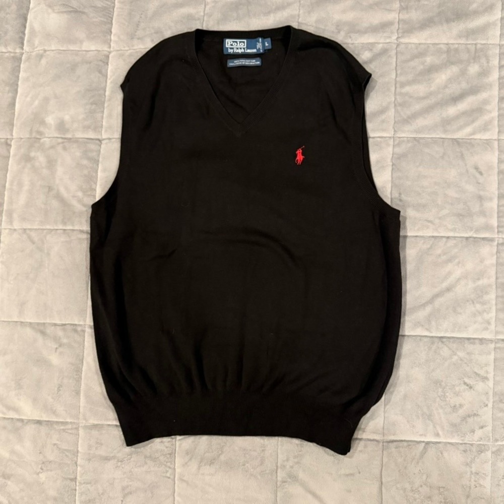 Polo Ralph Lauren Sweater Vest Mens L Black Pima Cotton V-Neck Red Pony